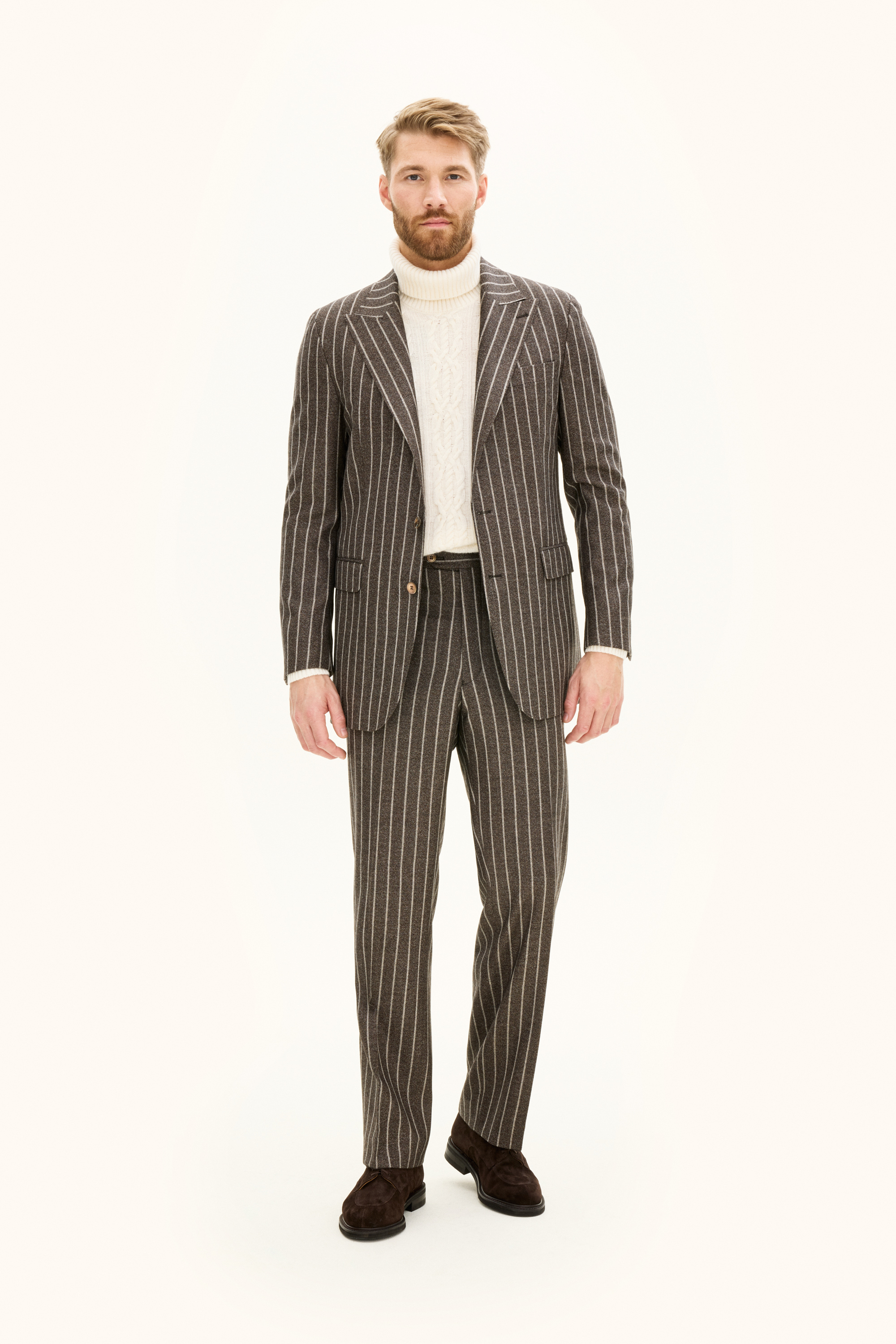 Oscar Jacobson - Regular Fit Randig Ullkostym - stl. 50 - Brun - Herr