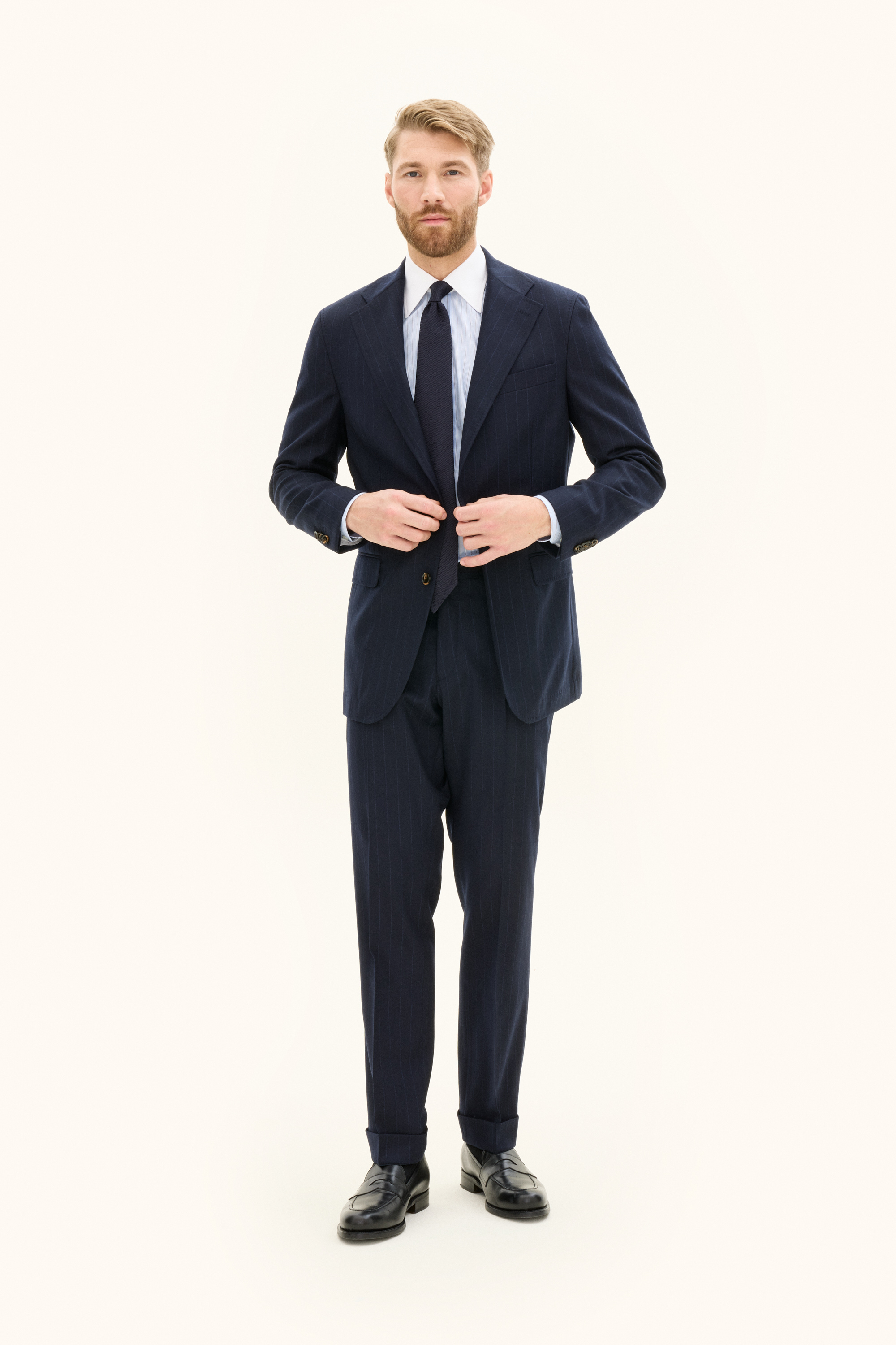 Oscar Jacobson - Regular Fit Randig Flanellkostym - stl. 50 - Mörkblå - Herr